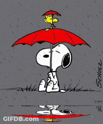 Snoopy And Woodstock Holding Red Umbrella GIF