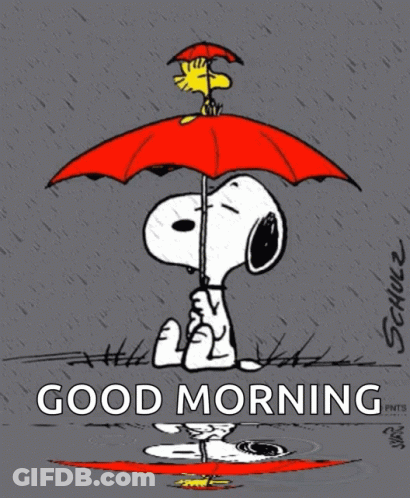 Snoopy And Woodstock Holding Umbrella Good Morning GIF