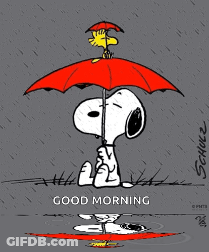Snoopy And Woodstock Holding Umbrella Good Morning GIF