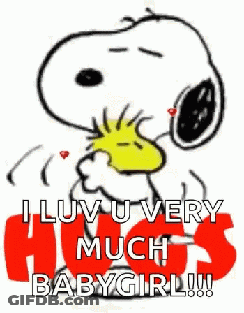 Snoopy And Woodstock Hugging Saying I Luv U Very Much Baby Girl GIF