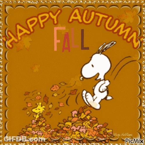 Snoopy And Woodstock Playing In A Pile Of Leaves With The Words Happy Autumn Fall GIF