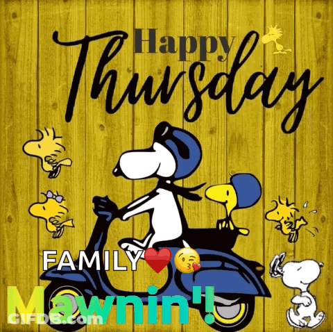 Snoopy And Woodstock Riding Scooter Happy Thursday Family Mownin GIF