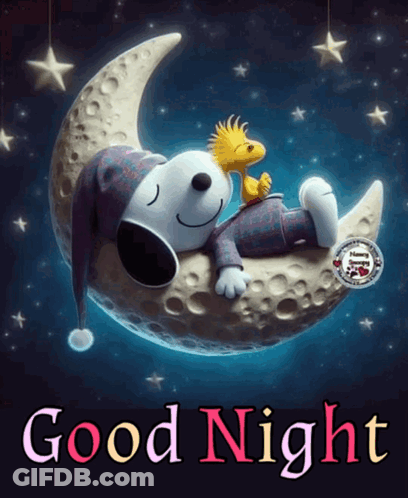 Snoopy And Woodstock Sleeping On A Crescent Moon With The Words Good Night GIF