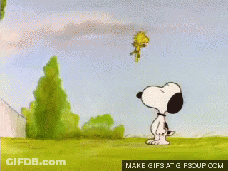 Snoopy And Woodstock Standing In Grassy Field GIF