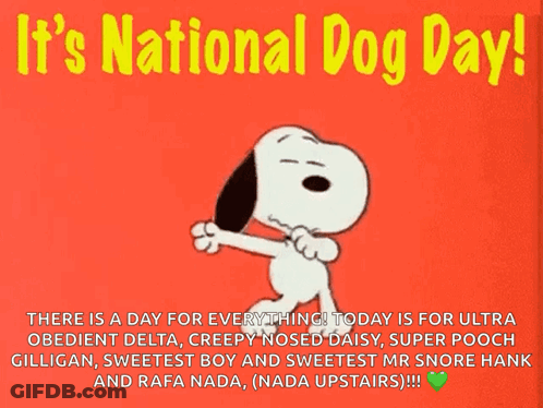 Snoopy Dancing It's National Dog Day On Red Background GIF