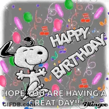 Snoopy Dancing On Birthday Card With Balloons GIF