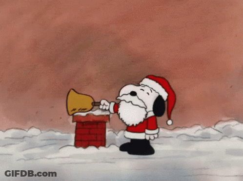 Snoopy Dressed As Santa Blowing Bell On Top Of Chimney GIF