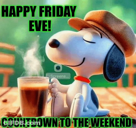 Snoopy Holding Coffee Happy Friday Eve Countdown Weekend GIF