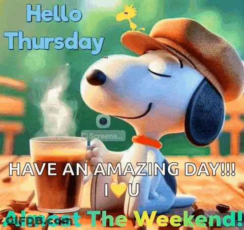 Snoopy Holding Coffee Saying Hello Thursday GIF