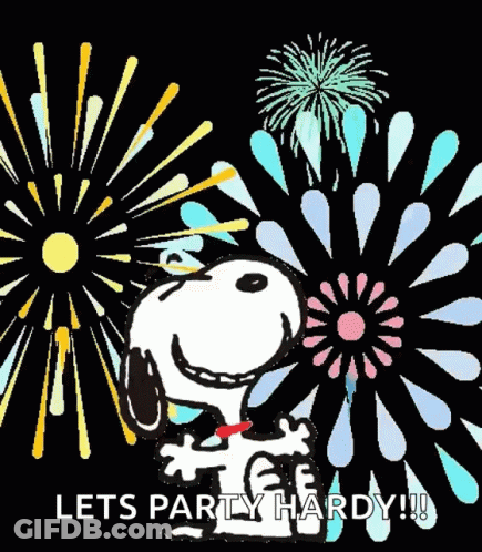 Snoopy Holding Firework Display Lets Party Hardy GIF