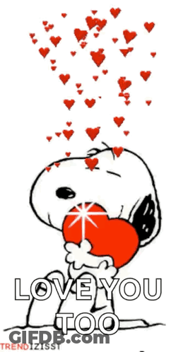Snoopy Holding Red Heart Saying Love You Too GIF