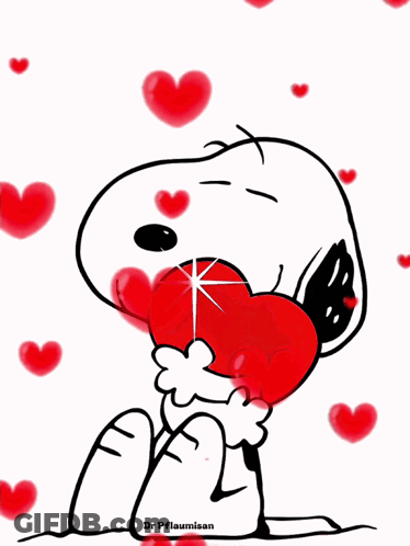 Snoopy Holding Red Heart With Hearts Around Him GIF