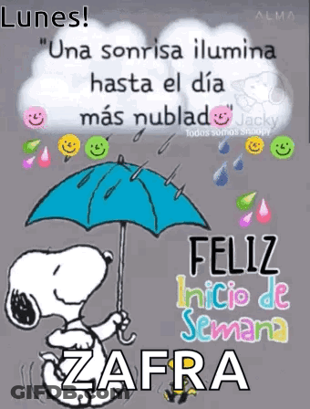 Snoopy Holding Umbrella In Rain Says Una Sonrisa Ilumina Hasta El Día Más Nublado GIF