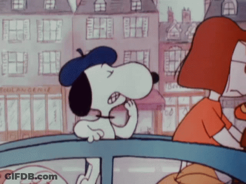 Snoopy In Blue Beret Talking To Woman GIF