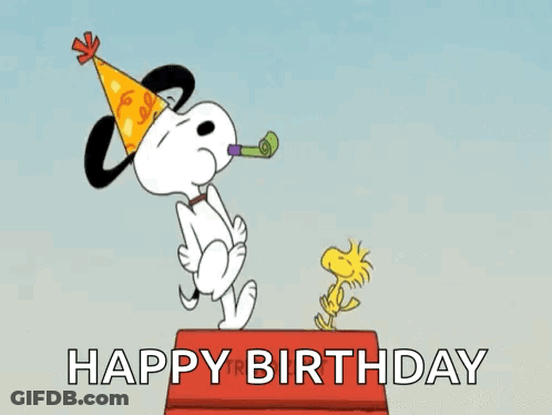 Snoopy In Party Hat Blowing Horn, Woodstock On Box GIF