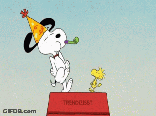 Snoopy In Party Hat Standing On Trendizisst Box GIF