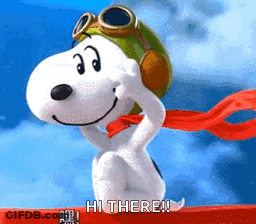 Snoopy In Pilot Hat And Goggles Saying Hi There GIF