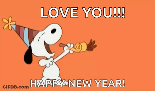 Snoopy Is Blowing A Party Horn And Saying `` Love You !!! Happy New Year '' . GIF