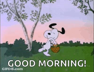 Snoopy Is Carrying A Basket In A Field And Saying `` Good Morning ! '' GIF