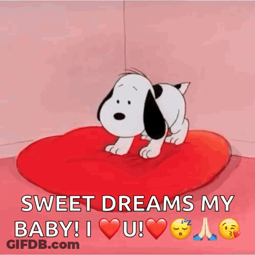 Snoopy Is Crawling On A Red Heart Shaped Pillow And Saying Sweet Dreams My Baby ! I Love You ! GIF