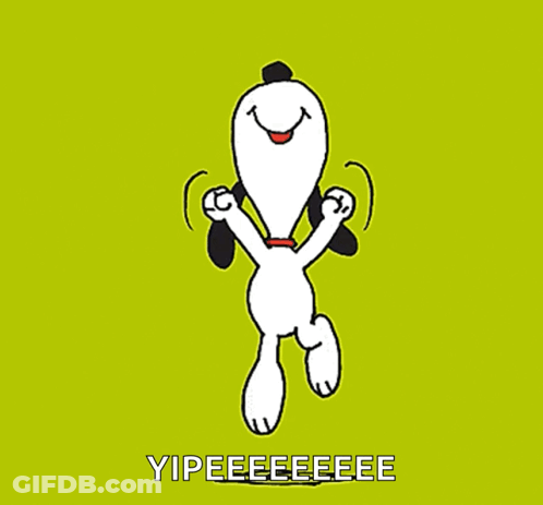 Snoopy Is Dancing On A Green Background With The Words Yipeeeeeee Written Below Him GIF