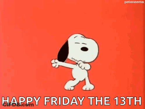 Snoopy Is Dancing On A Red Background With The Text Happy Friday The 13Th GIF