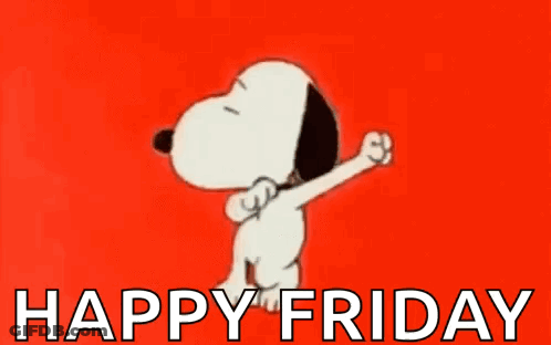 Snoopy Is Dancing On A Red Background With The Words `` Happy Friday '' Written Below Him . GIF