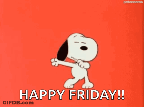 Snoopy Is Dancing On A Red Background With The Words `` Happy Friday '' Written Below Him . GIF