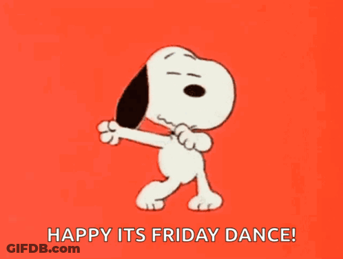 Snoopy Is Dancing On A Red Background With The Words `` Happy Its Friday Dance '' Written Below Him . GIF