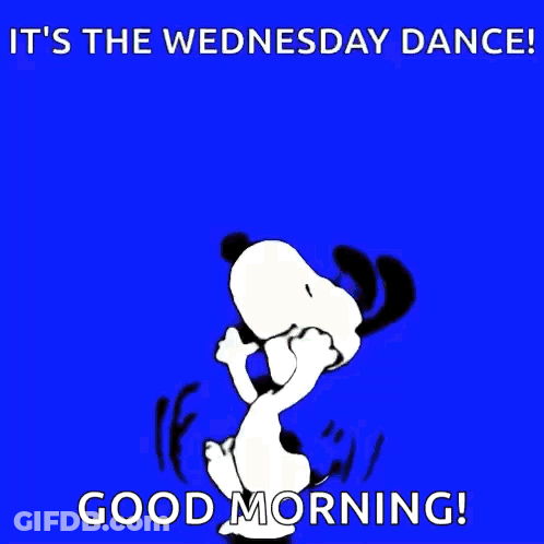 Snoopy Is Dancing On A Yellow Background With The Words It 'S The Wednesday Dance Good Morning ! GIF