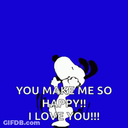 Snoopy Is Dancing On A Yellow Background With The Words `` You Make Me So Happy ! `` GIF