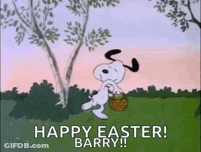Snoopy Is Holding A Basket In A Field And Saying `` Happy Easter ! Barry ! '' GIF