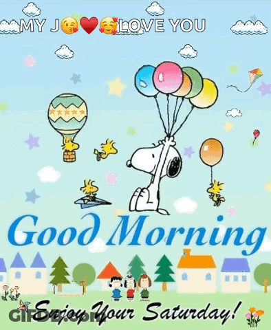 Snoopy Is Holding A Bunch Of Balloons In The Air . GIF