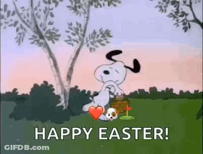 Snoopy Is Holding A Heart And A Basket Of Easter Eggs In A Field With The Words `` Happy Easter '' . GIF