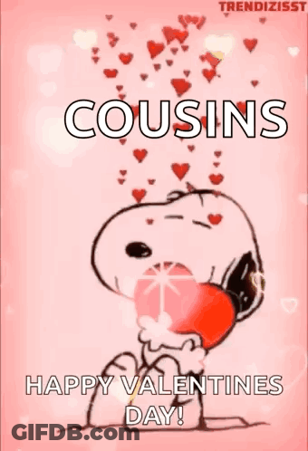 Snoopy Is Holding A Heart In His Mouth And Says `` Cousins Happy Valentines Day ! '' GIF