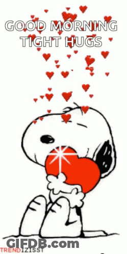 Snoopy Is Holding A Heart In His Mouth And Says Good Morning Tight Hugs GIF