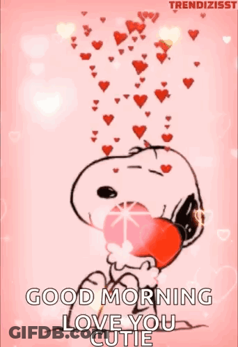 Snoopy Is Holding A Heart In His Mouth With Hearts Coming Out Of His Mouth . GIF