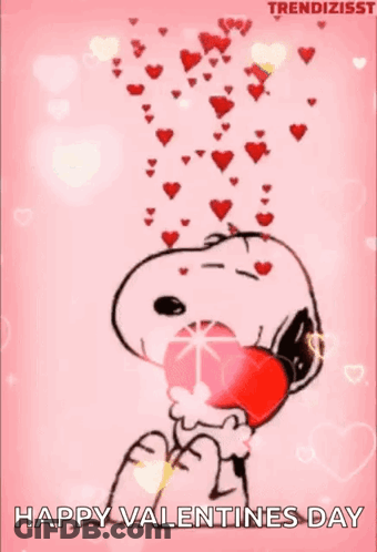 Snoopy Is Holding A Heart In His Mouth With Hearts Coming Out Of It . GIF