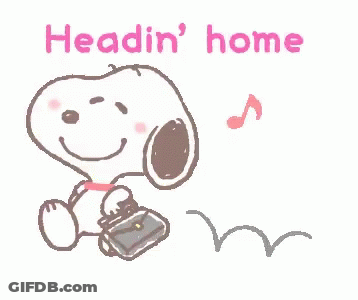 Snoopy Is Holding A Purse And Smiling With The Words `` Headin ' Home '' Behind Him . GIF