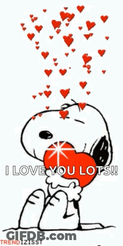 Snoopy Is Holding A Red Heart In His Mouth And Hearts Are Falling From The Sky . GIF