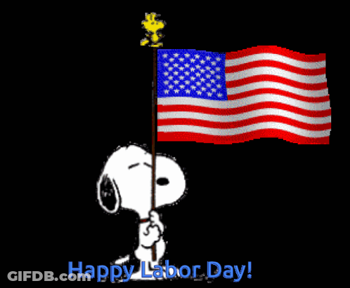 Snoopy Is Holding An American Flag With The Words Happy Labor Day Behind Him GIF