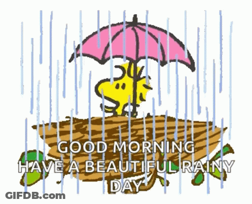 Snoopy Is Holding An Umbrella In The Rain And Says `` Good Morning Have A Beautiful Rainy Day '' . GIF