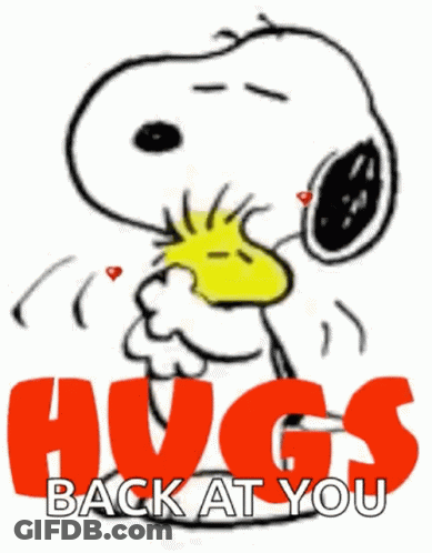 Snoopy Is Hugging Woodstock With Hearts In His Eyes And The Words `` Hugs Back At You '' . GIF