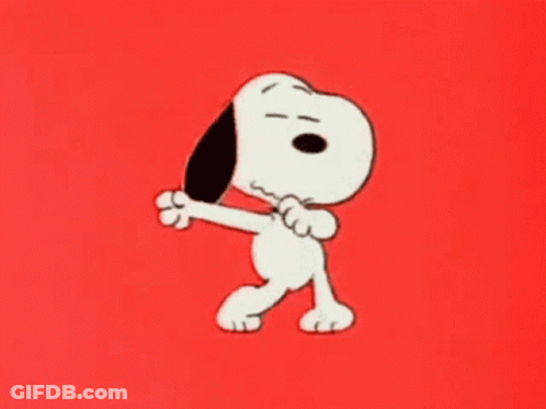 Snoopy Is Jumping In The Air With His Arms Outstretched On A Red Background . GIF