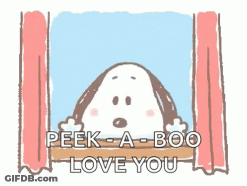 Snoopy Is Peeking Out Of A Window With The Words `` Peek A Boo Love You '' Written On It . GIF