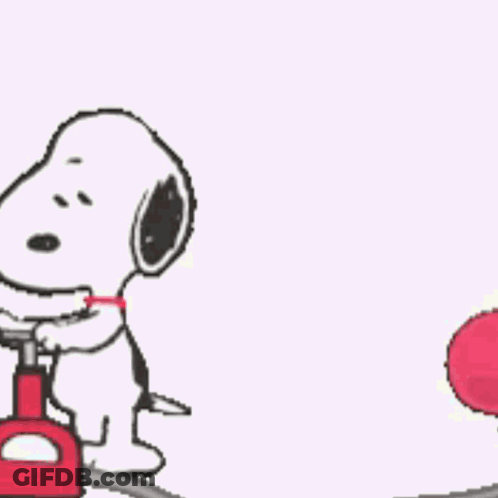 Snoopy Is Pumping A Red Balloon With A Letter D On It GIF