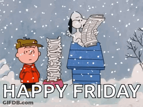 Snoopy Is Reading A Newspaper While Charlie Brown Holds A Pile Of Bones In The Snow . GIF