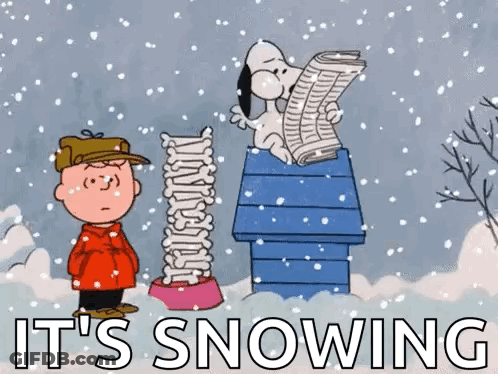 Snoopy Is Reading A Newspaper While Charlie Brown Is Standing Next To A Dog House In The Snow . GIF