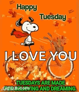 Snoopy Is Riding A Bicycle On A Happy Tuesday Greeting Card With Leaves . GIF