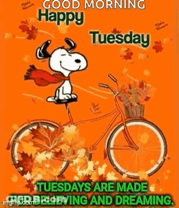 Snoopy Is Riding A Bicycle With A Basket Full Of Leaves On It . GIF